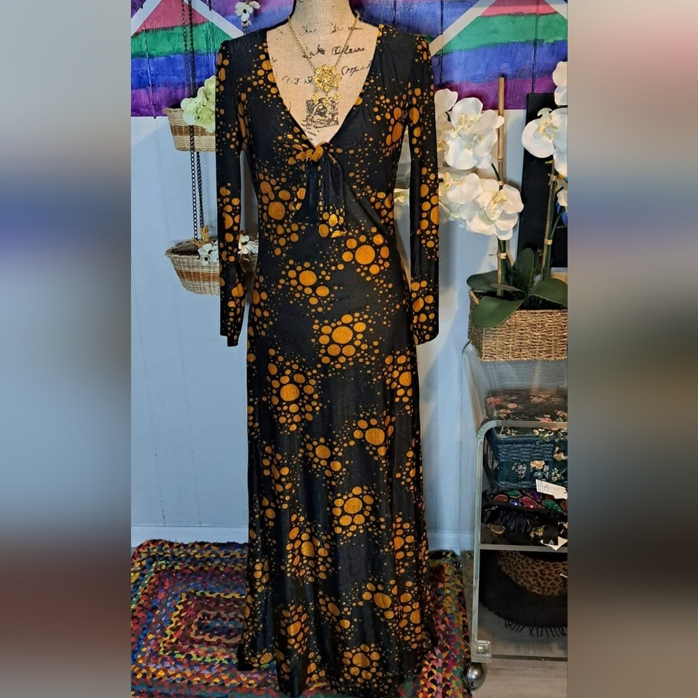 Vtg Blk/Bronze Tie Front Semisheer Maxi Dress Fits S/M
